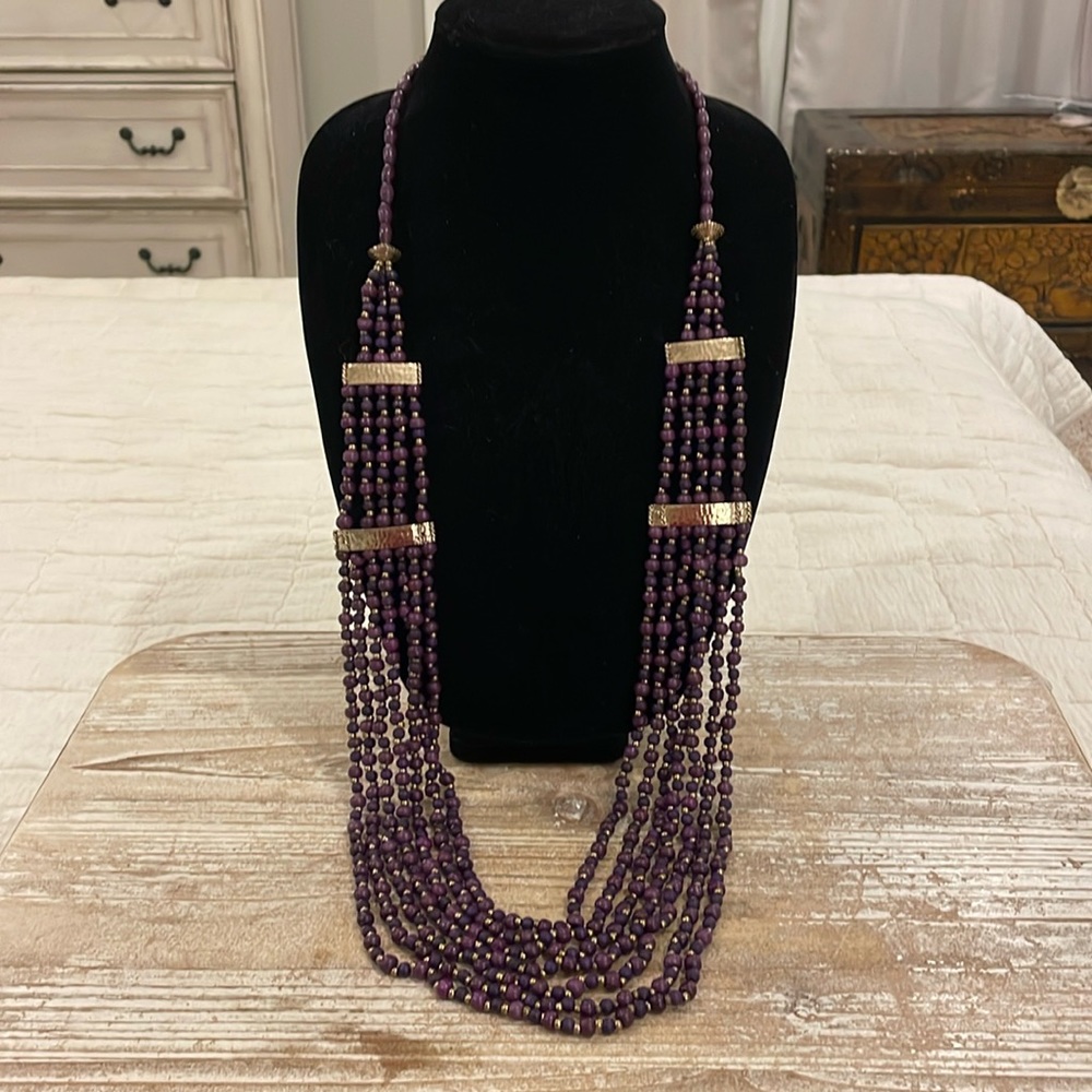Chico’s NWT Gold Tone Purple Multi Layer Long Statement Necklace